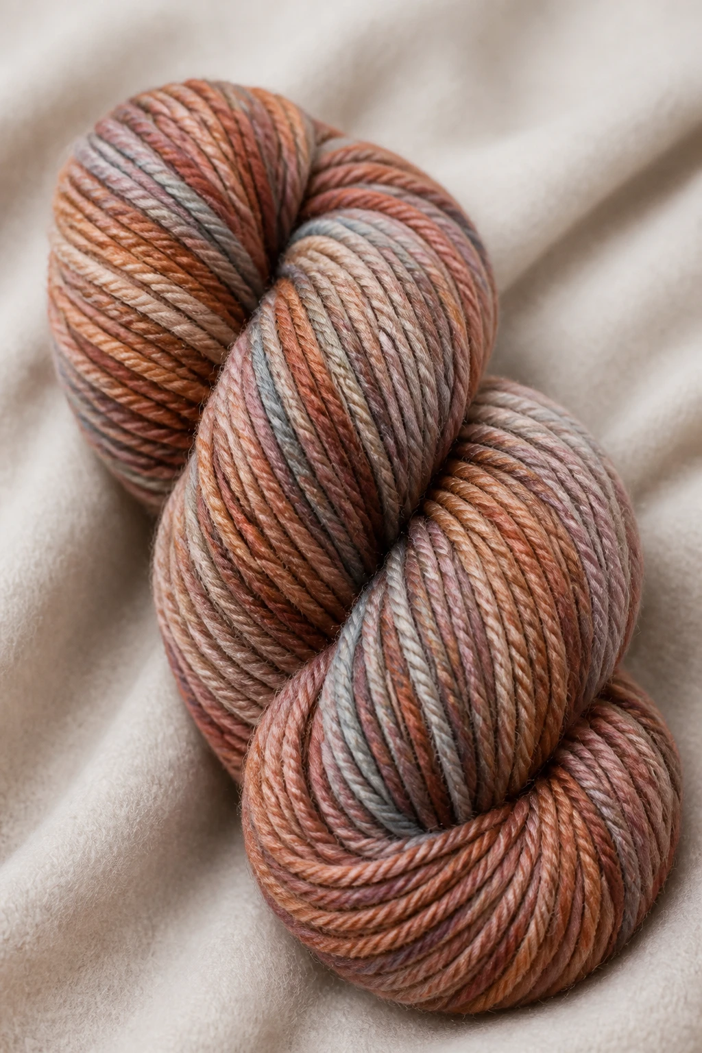Closeup of a single skein of worsted-weight yarn on soft fabric backdrop