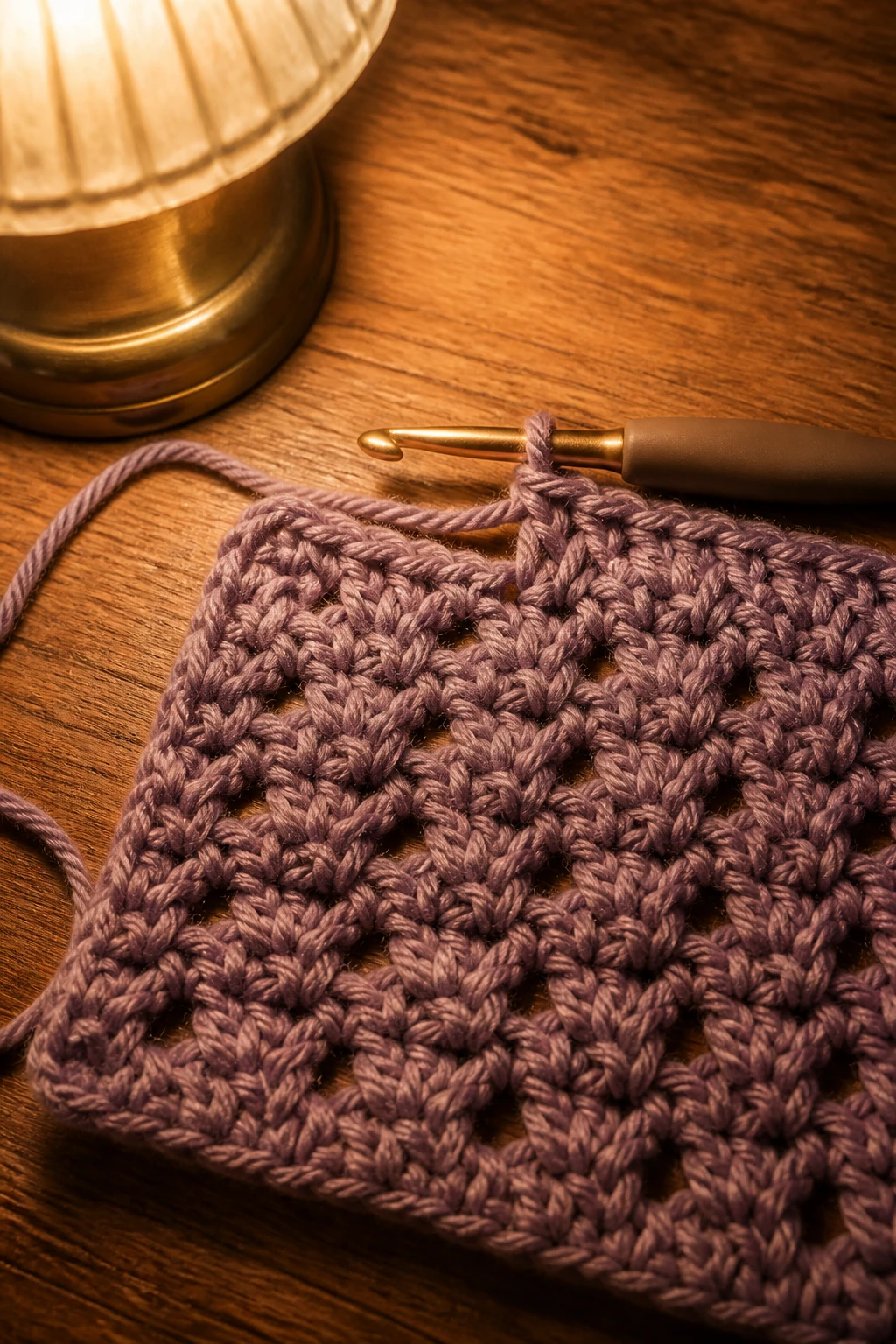 Closeup of crocheted swatch in progress with single hook on table lamp light