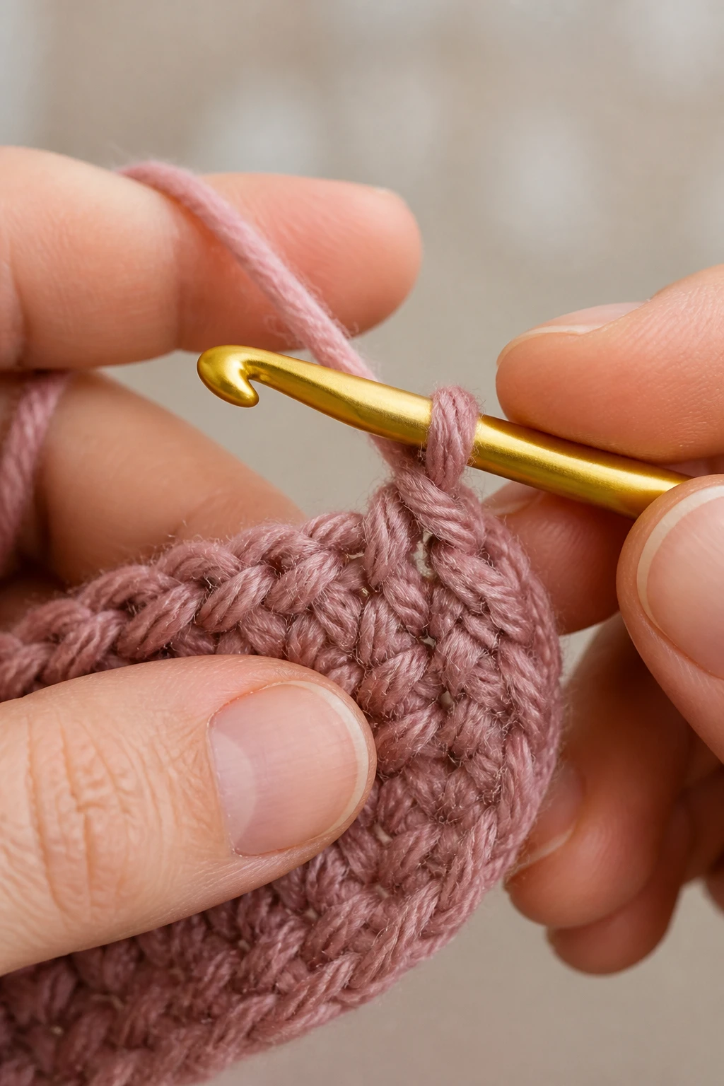 closeup of a hand crocheting a single stitch
