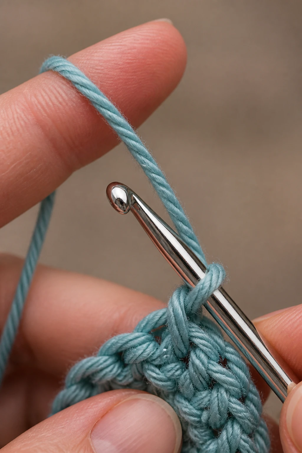 closeup of a crochet hook and yarn tension on fingertip