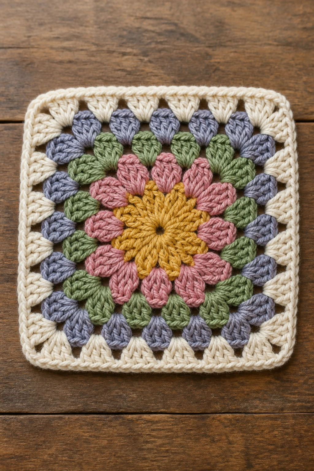 focused shot of a single finished granny square on table