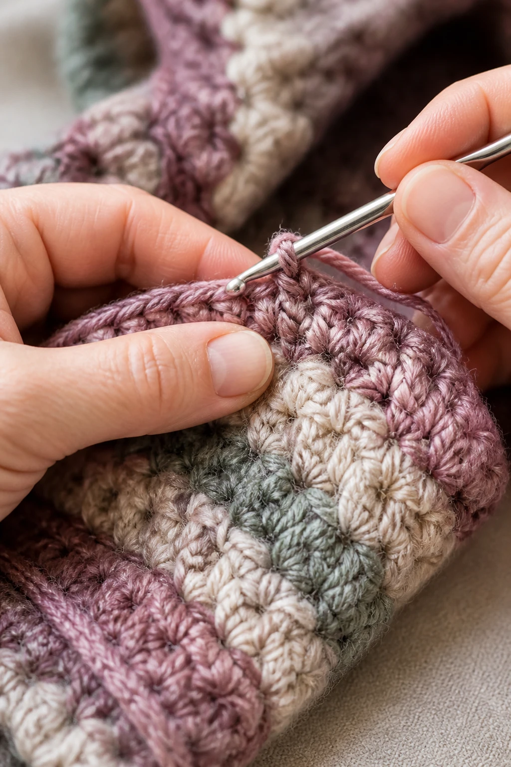 Closeup of a hands-on crochet hook stitching a scarf edge
