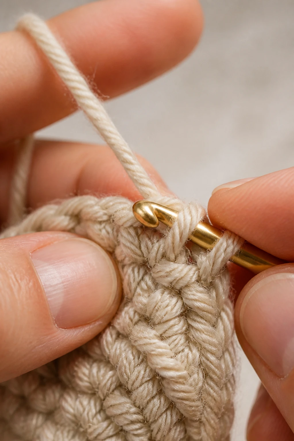 Closeup of fingers guiding yarn into single crochet stitch