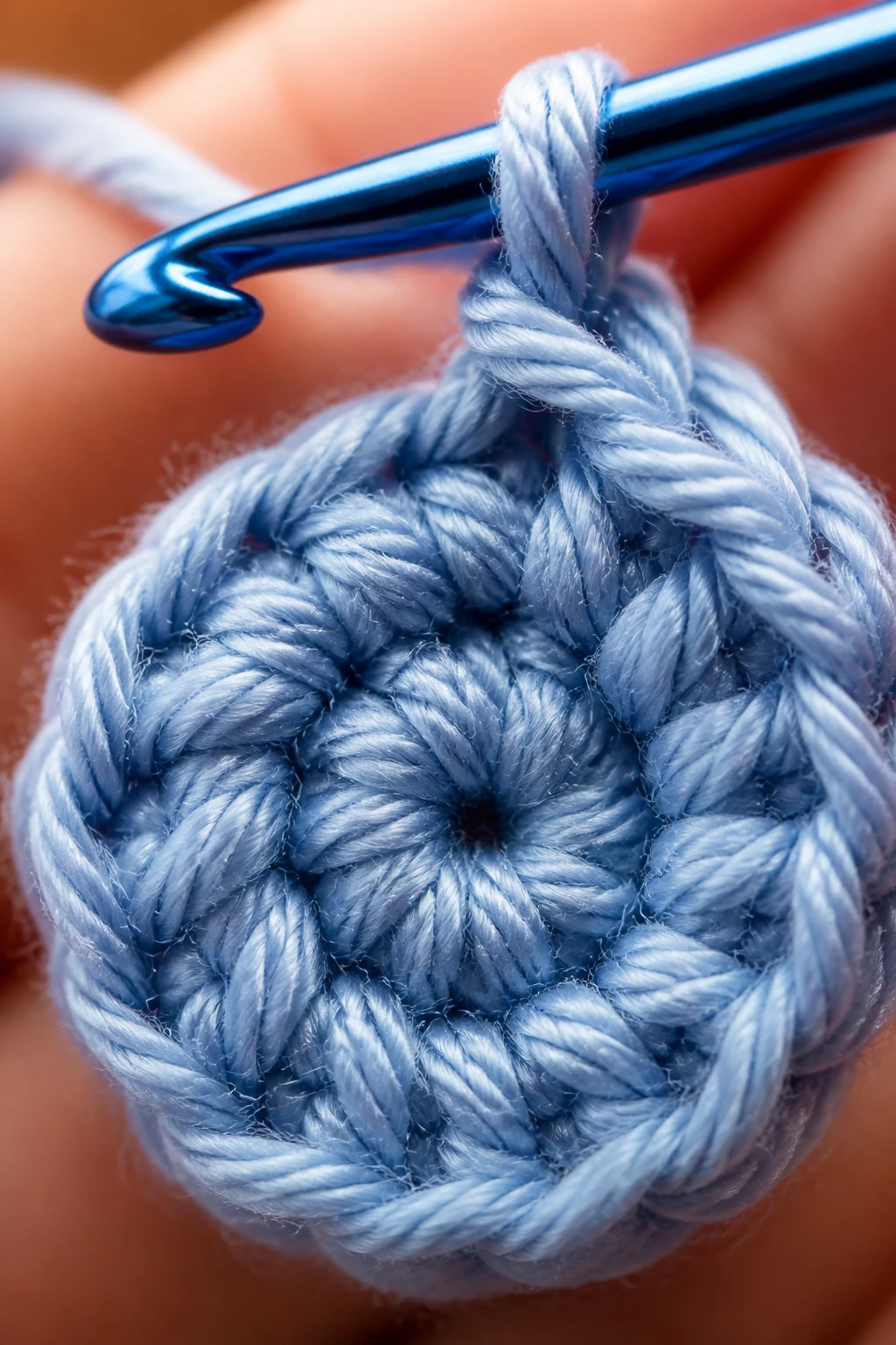 Ultra-close shot of a single crochet swirl on yarn with hook