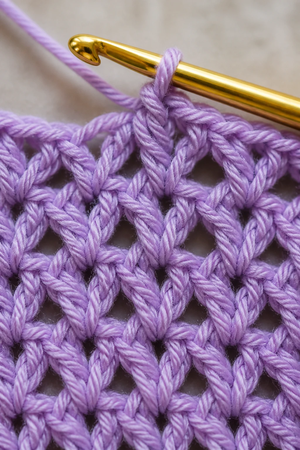 Closeup of a crochet hook and yarn forming a V-stitch pattern