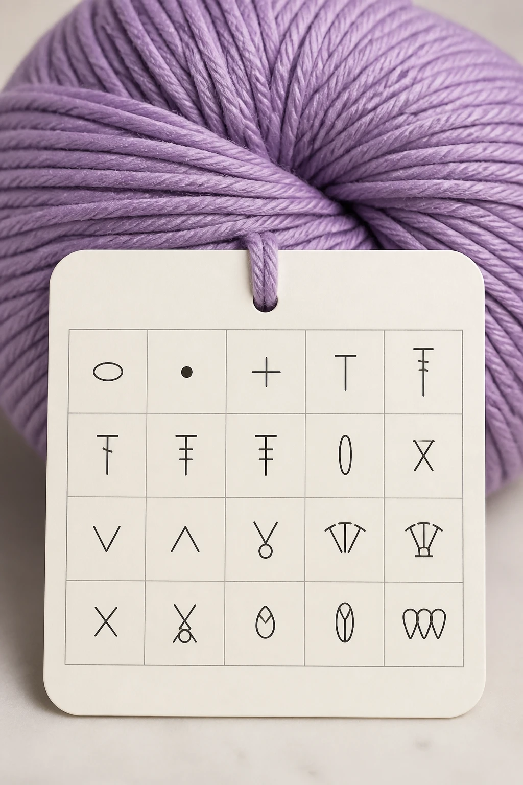 Tight shot of a skein with labeled crochet abbreviations chart