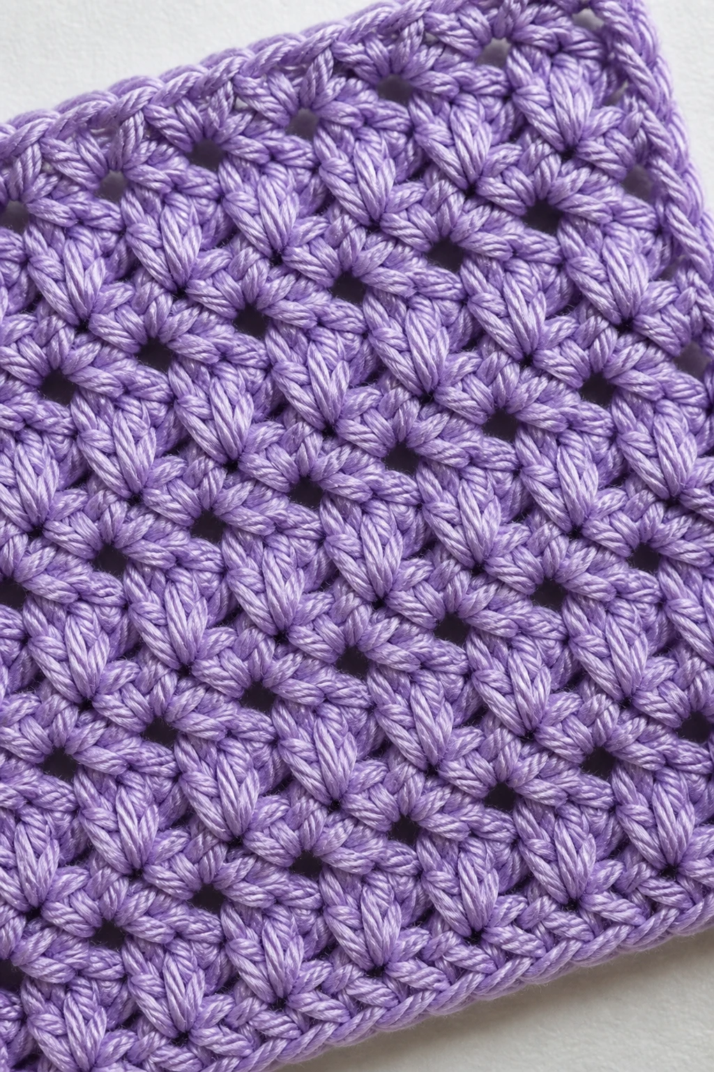 Focused image of a finished crochet swatch showcasing stitches closeup