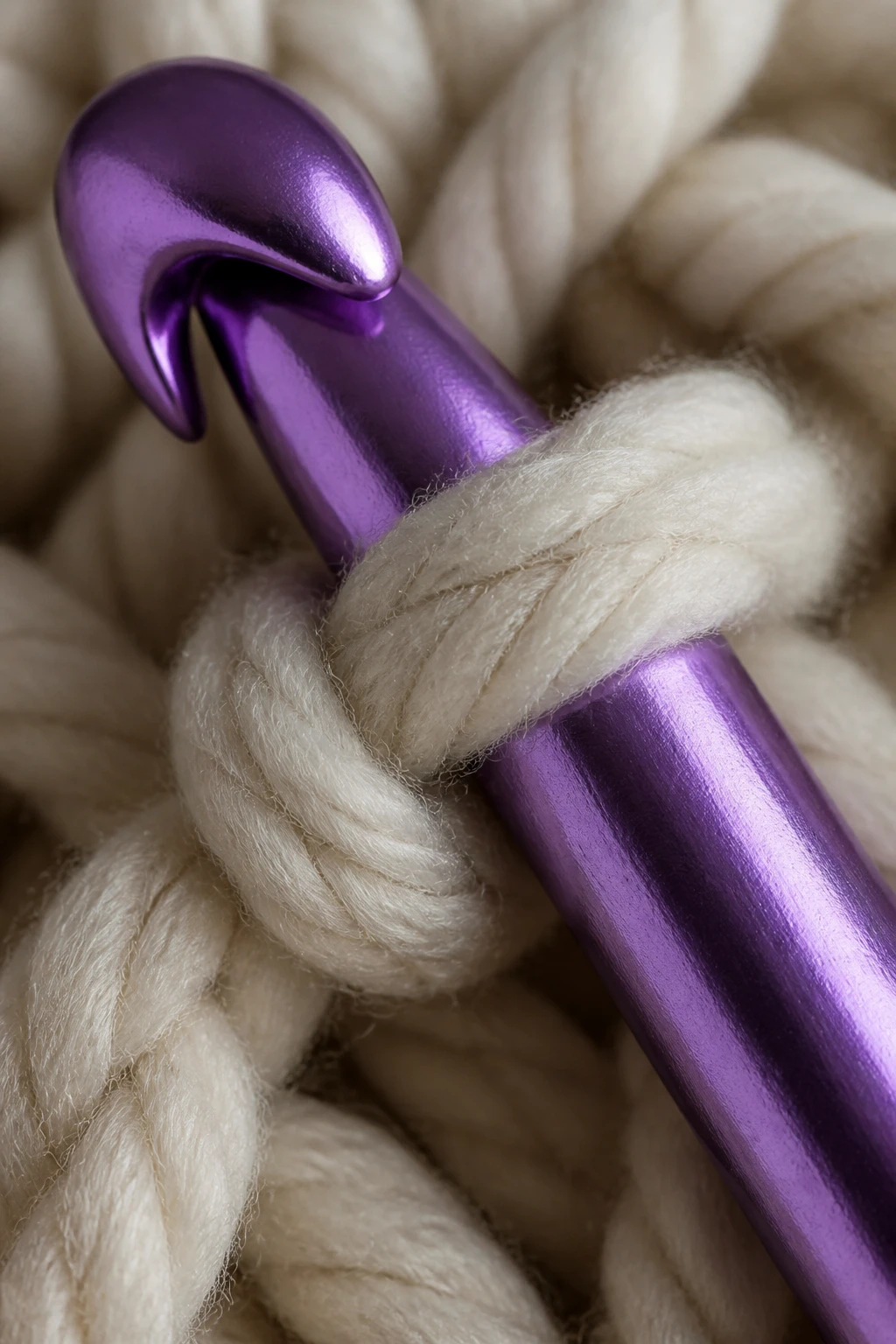 Extreme closeup on a 15 mm crochet hook with bulky yarn looped tight