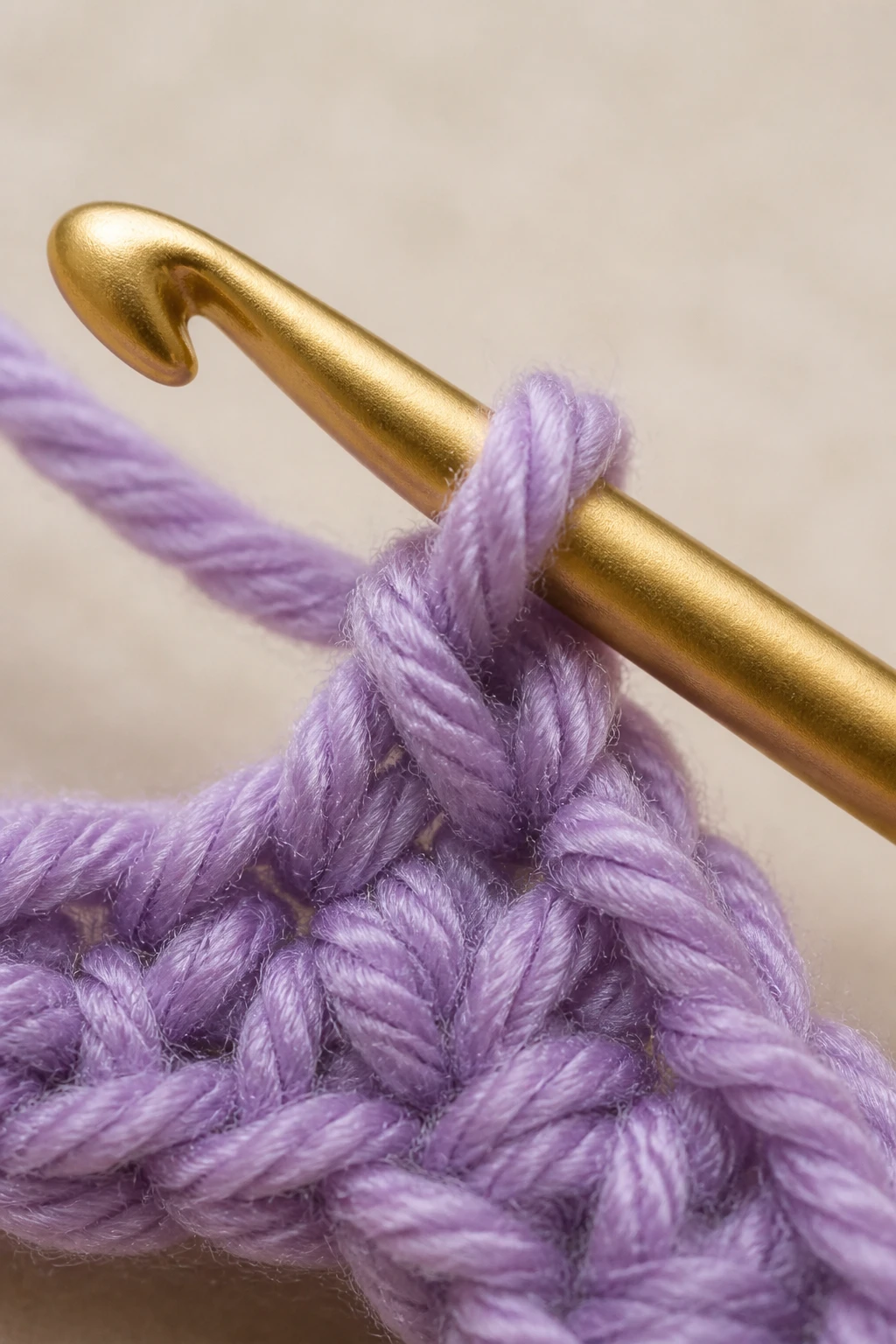 Closeup of a single crochet hook and yarn with a partially completed crochet stitch