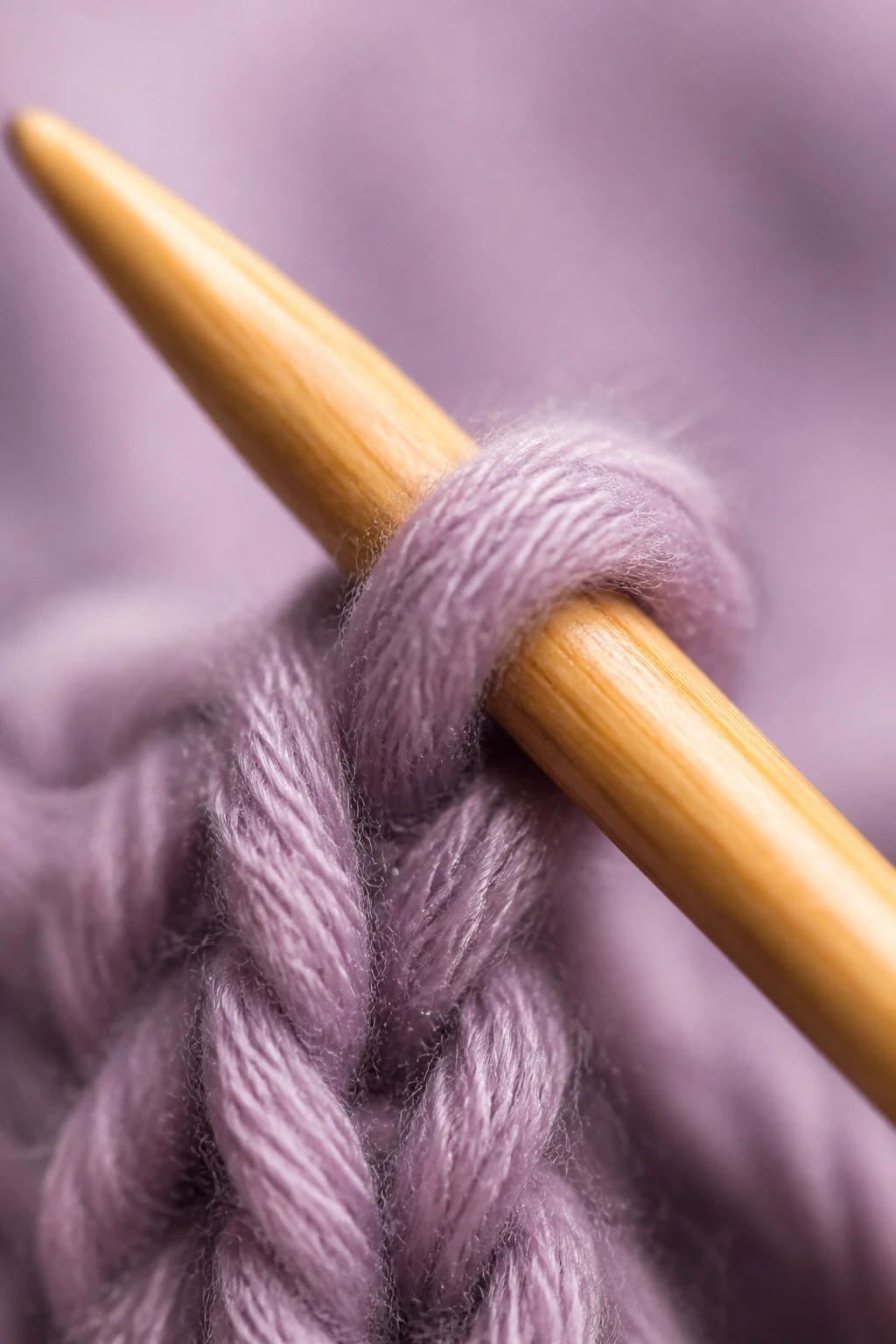 Ultra-close portrait of one knitting needle piercing a single yarn loop