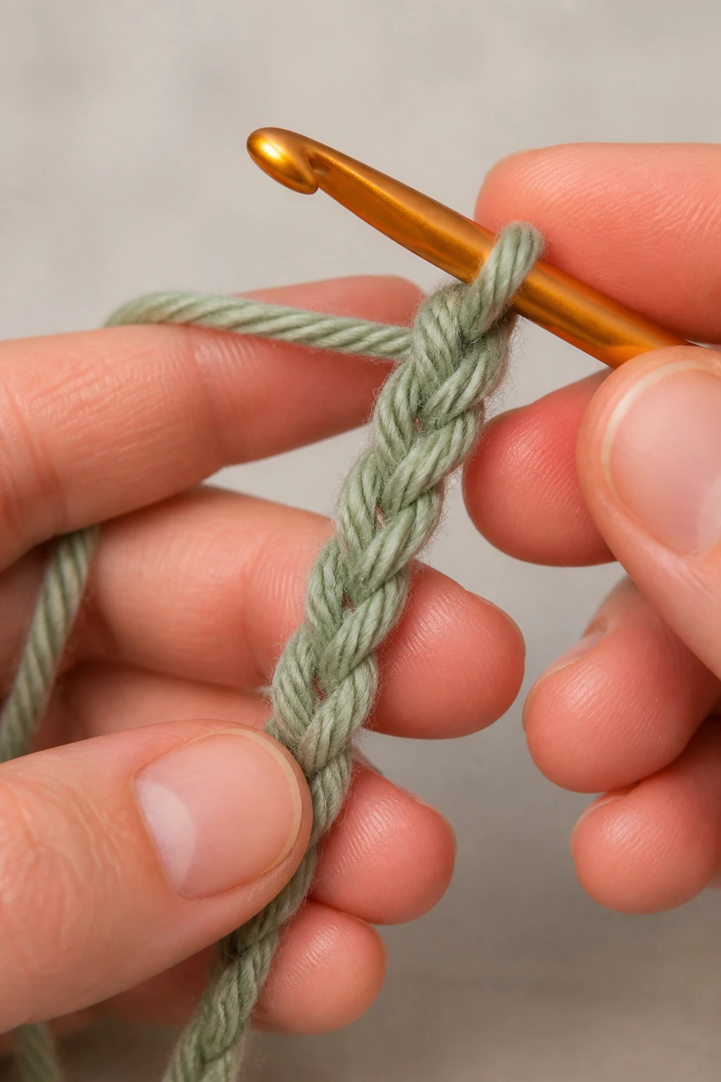 Macro shot of hands forming a simple crochet chain with medium-weight yarn