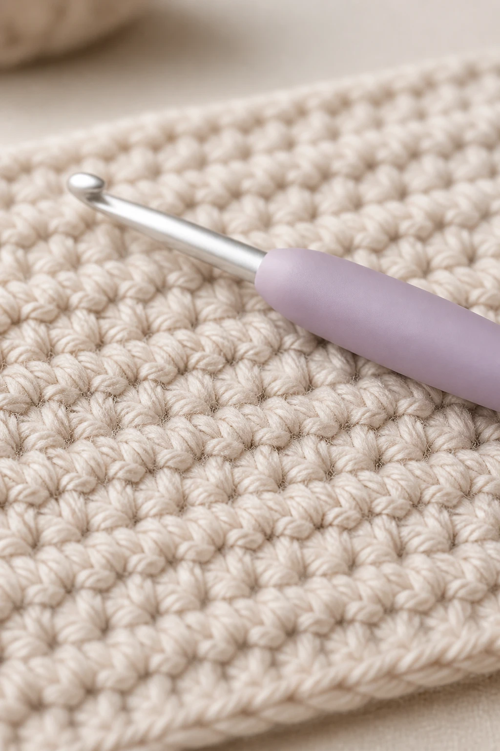 Close portrait of beginners’ crochet hook, showing a neat, uniform stitch texture