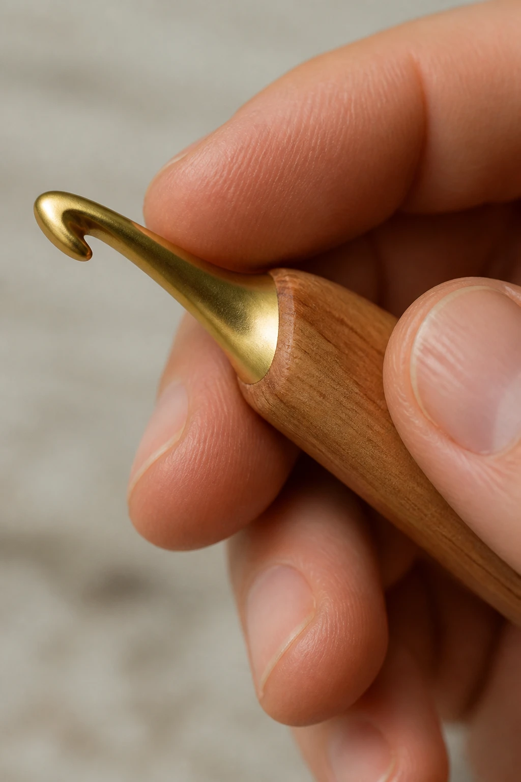 Closeup of pencil grip crochet hook in hand, focusing on inner curve near tip