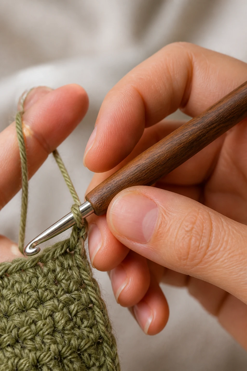 Closeup of knife grip crochet hook held, tensioning yarn with relaxed fingers