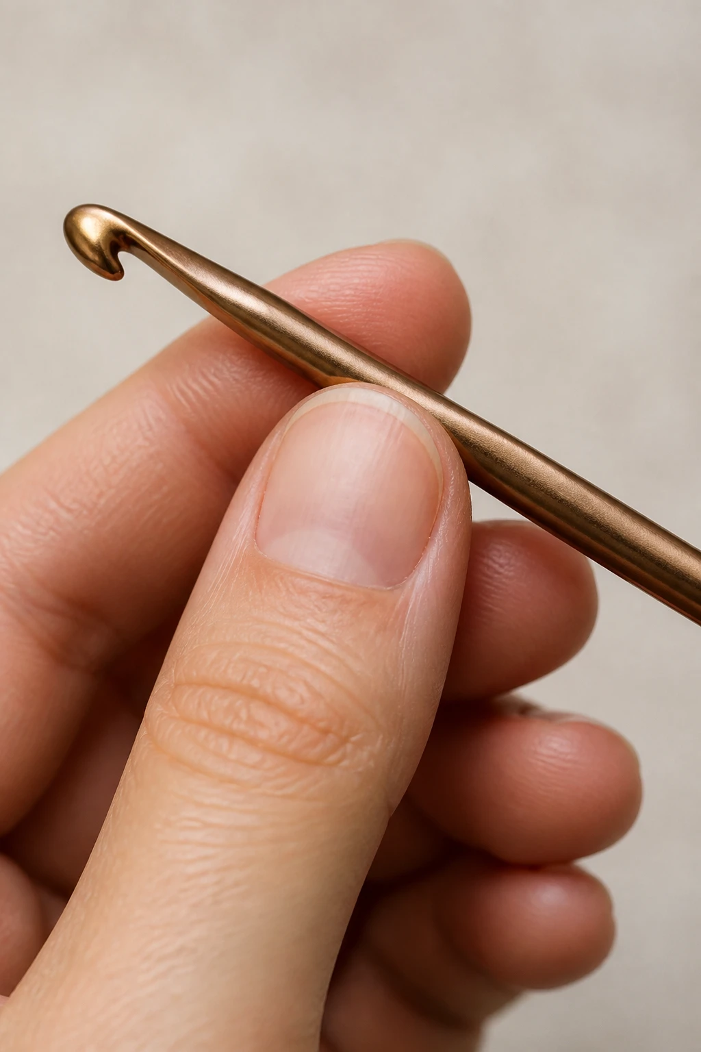 Closeup of crochet hook near hand with thumb and index cradle, single smooth stroke