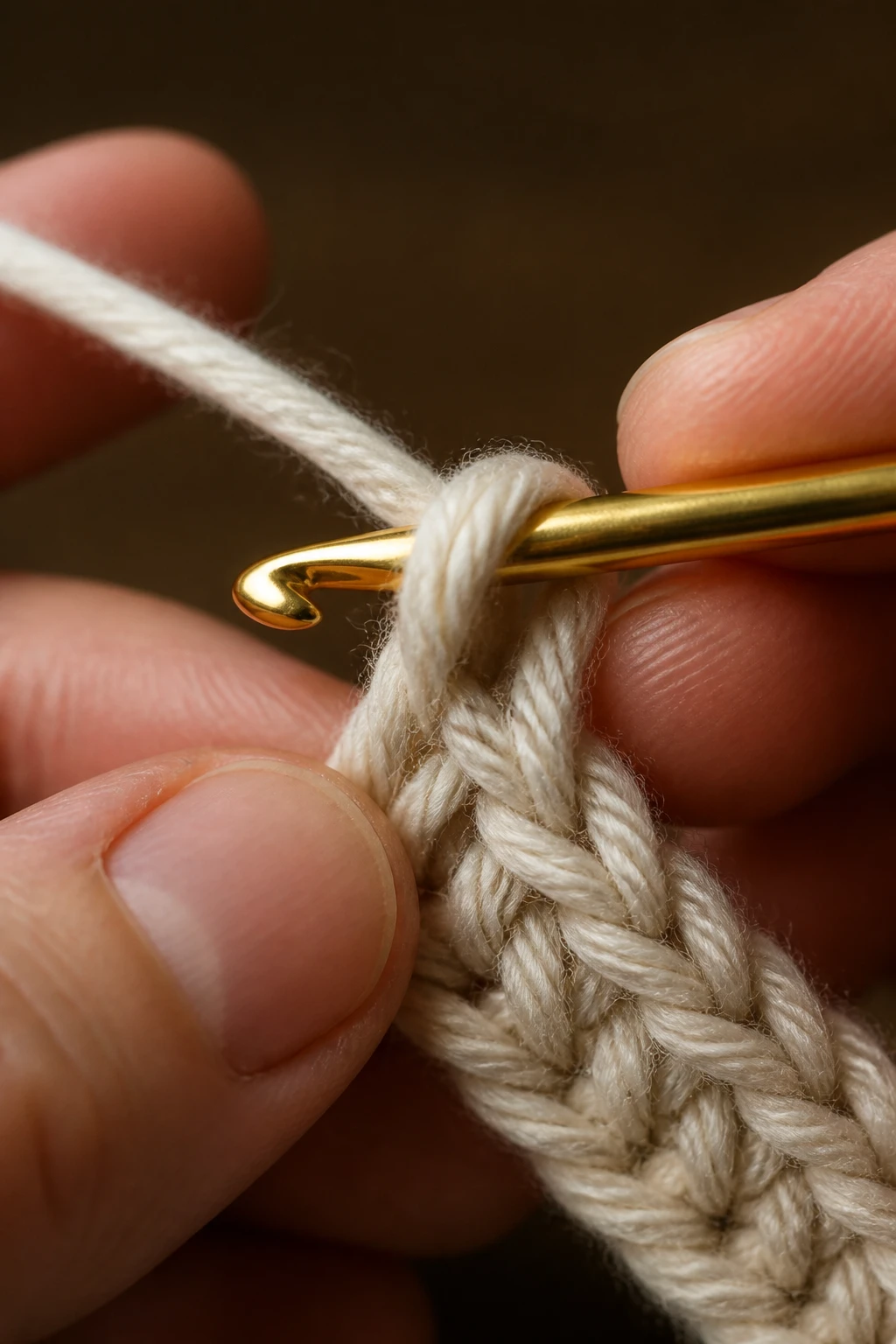closeup crochet hook piercing yarn loop with hands