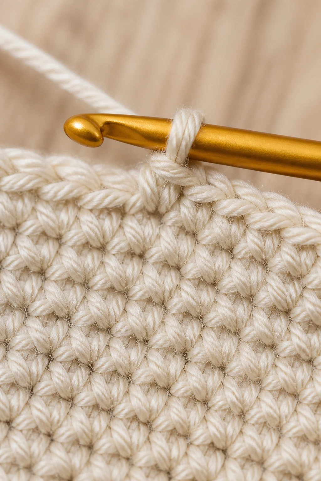 closeup single crochet stitch in progress on fabric swatch
