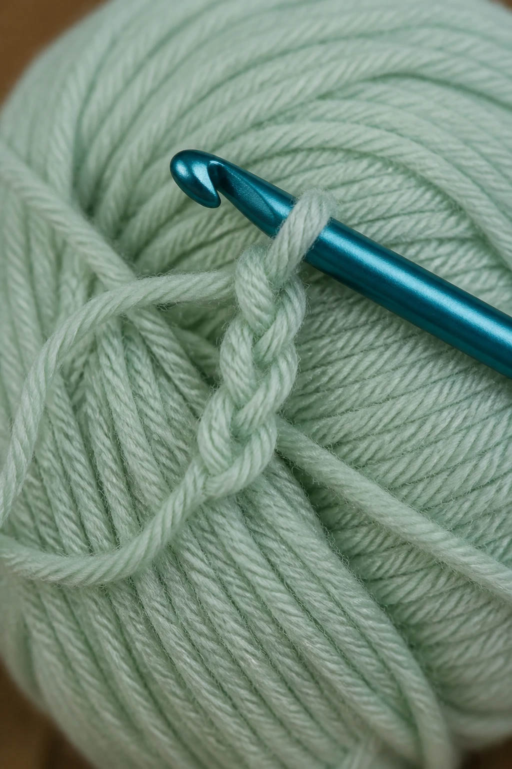 Closeup of a skein of beginner yarn with a single partial chain stitch in progress