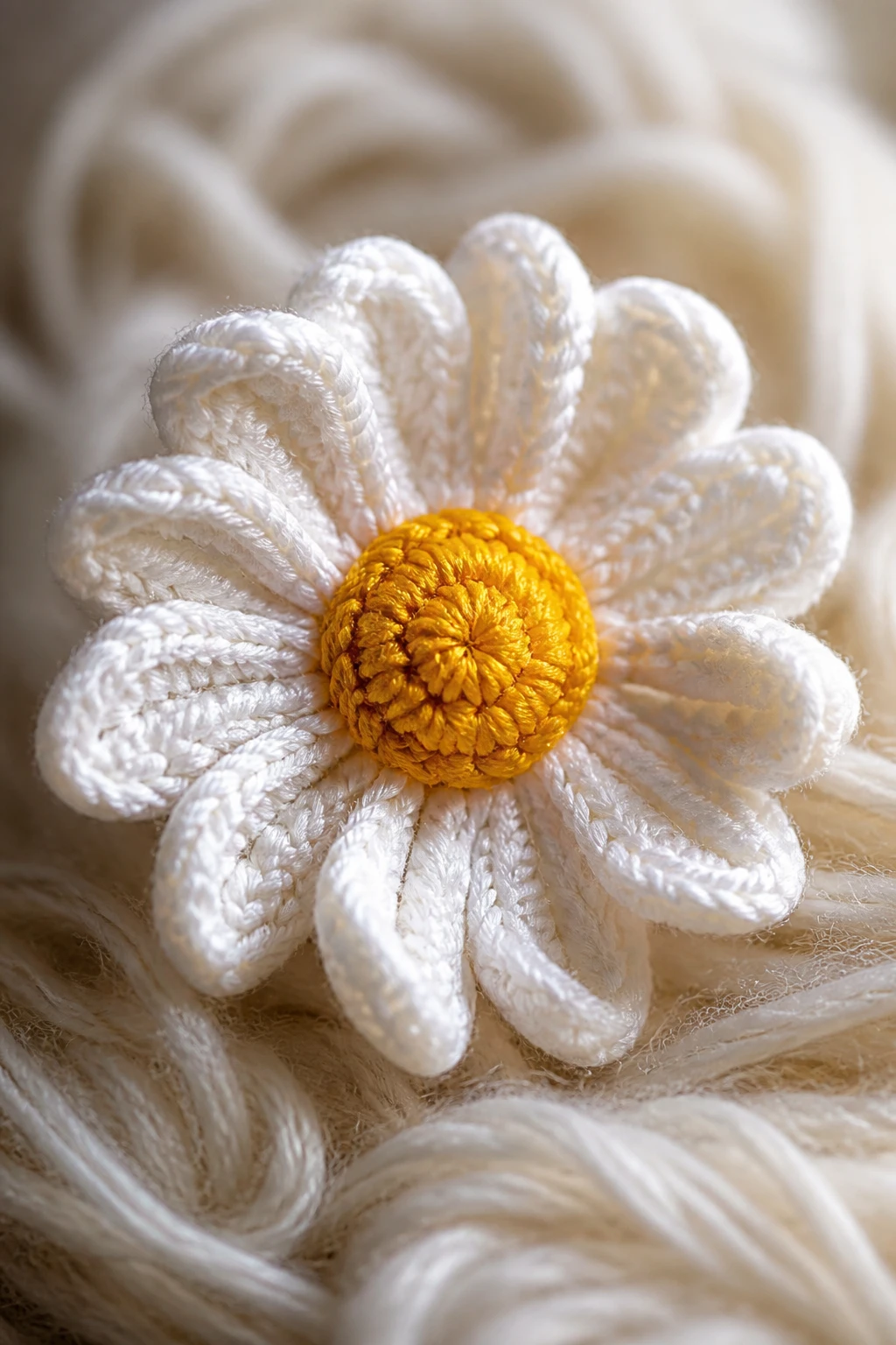 Macro shot of a single crocheted daisy with curled petals on soft yarn