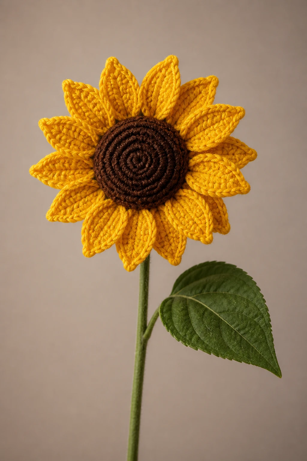 Studio portrait of one crocheted sunflower with realistic green stem and leaf