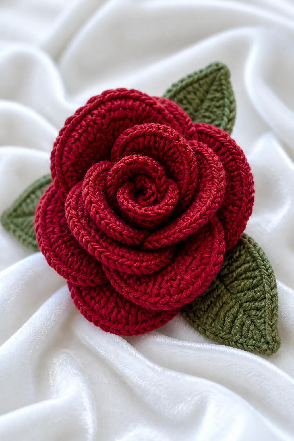 Closeup of a crochet rose on white velvet fabric