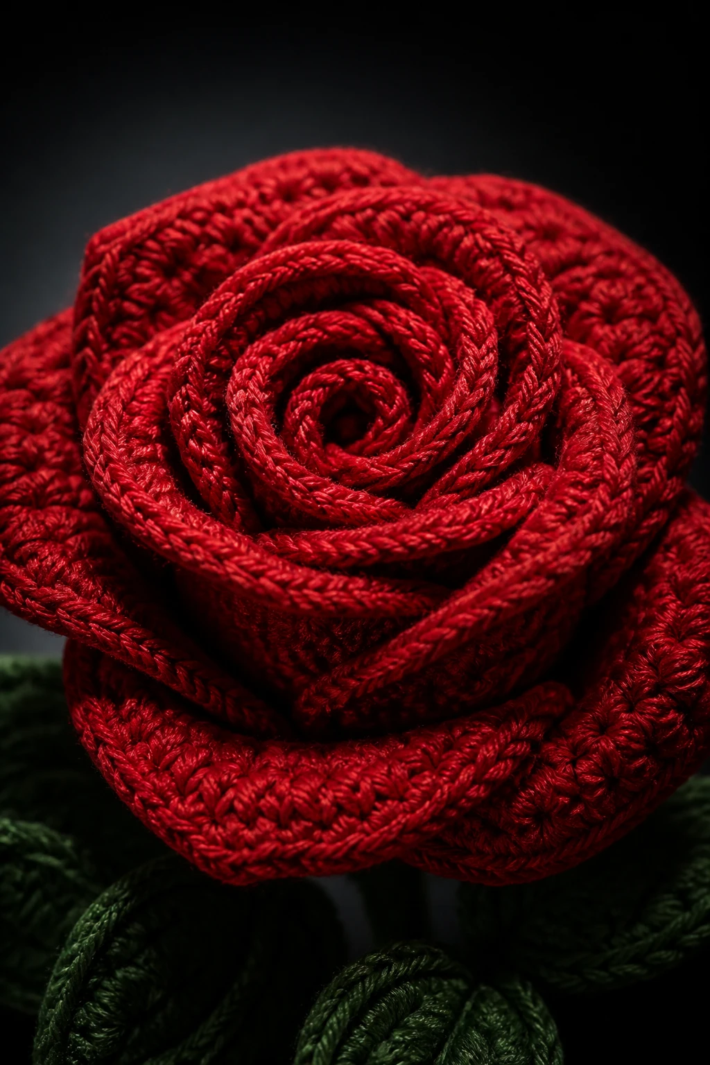 Tight portrait of crochet rose texture under studio spotlight