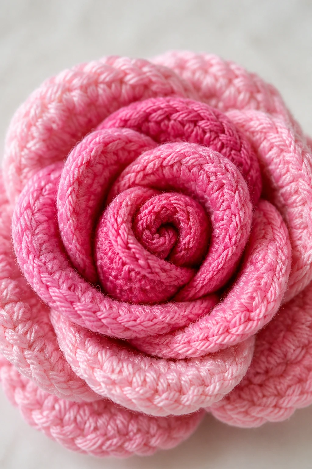 closeup of a single crochet rose blossom in gradient pink yarn