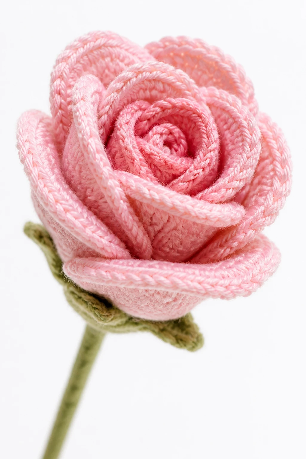 macro shot of one delicate crocheted rose against plain white background