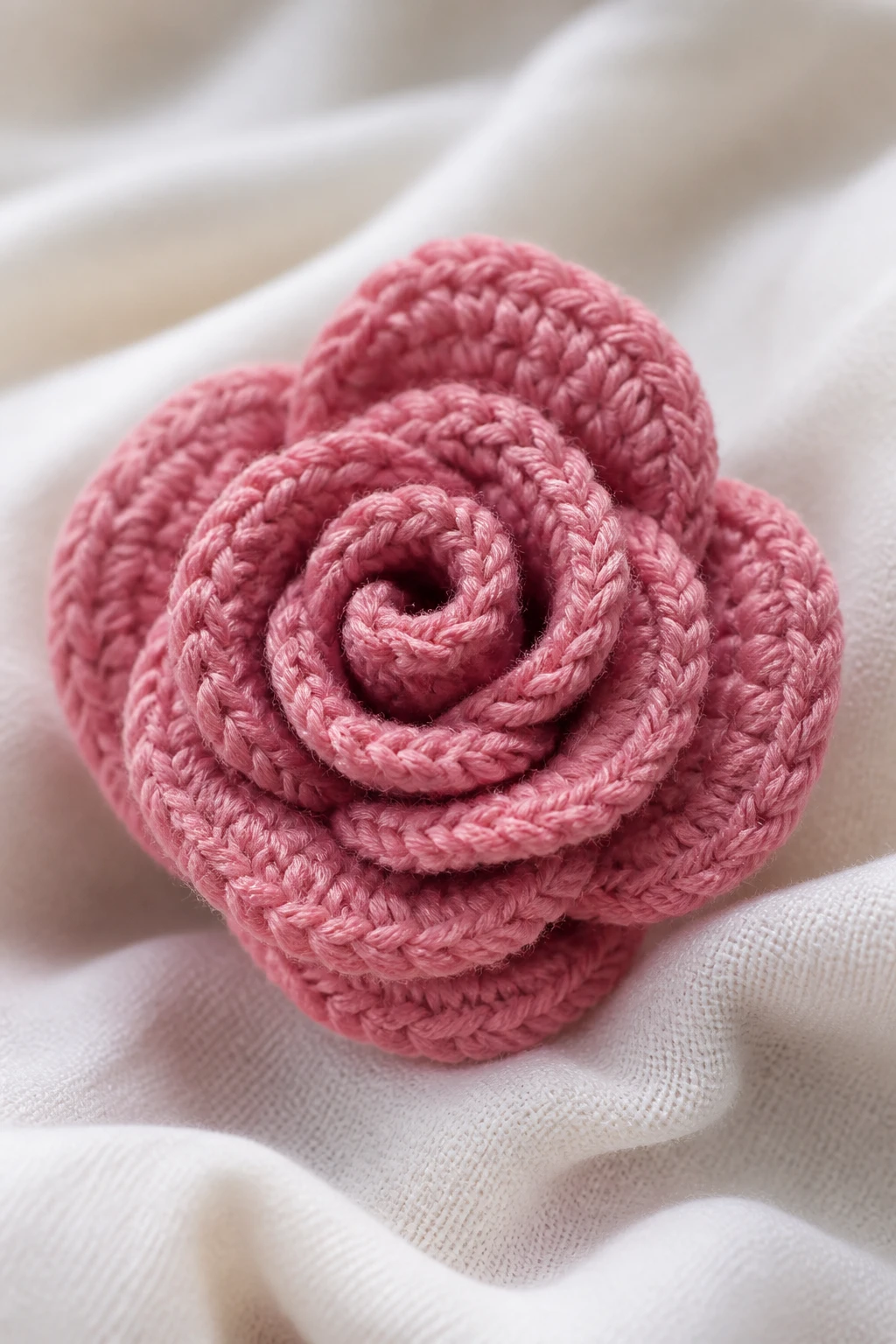 Closeup of a single crochet rose on soft fabric