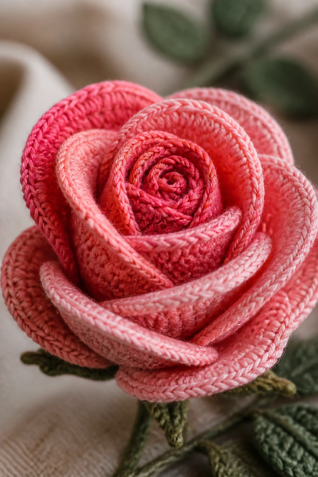 Macro shot of one realistic crochet rose with subtle shading
