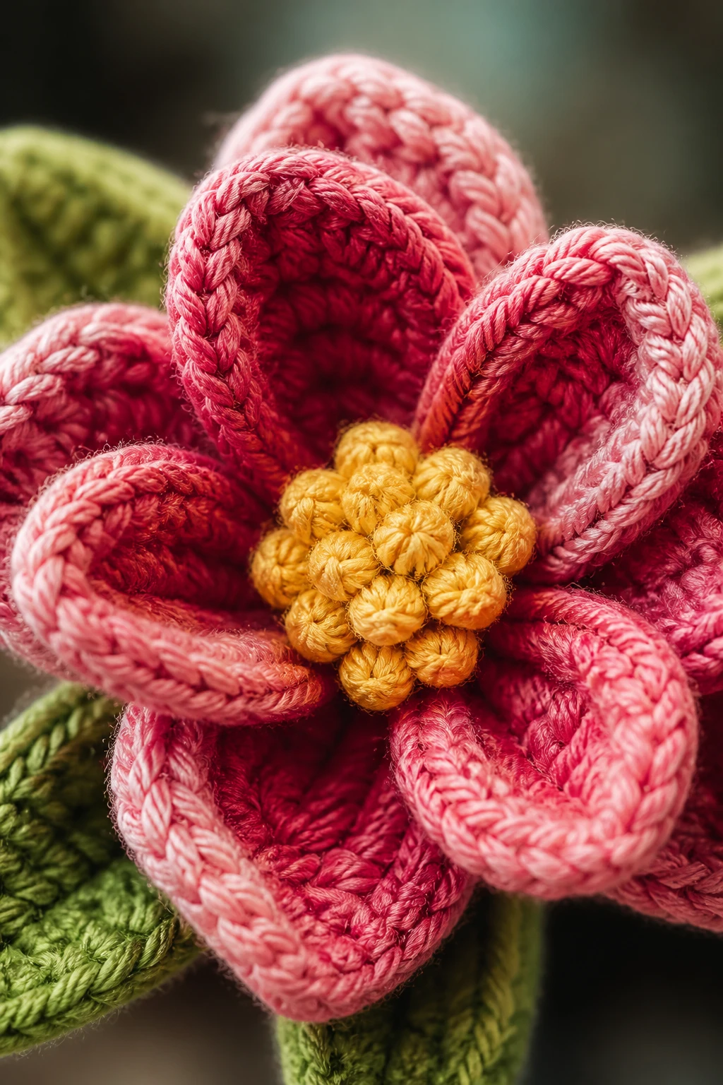 Macro shot of 3D crochet flower with pronounced petals