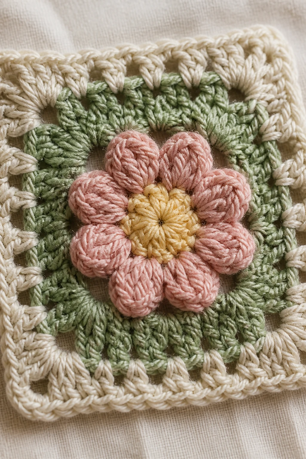 closeup of a crochet flower gauge swatch in soft natural light