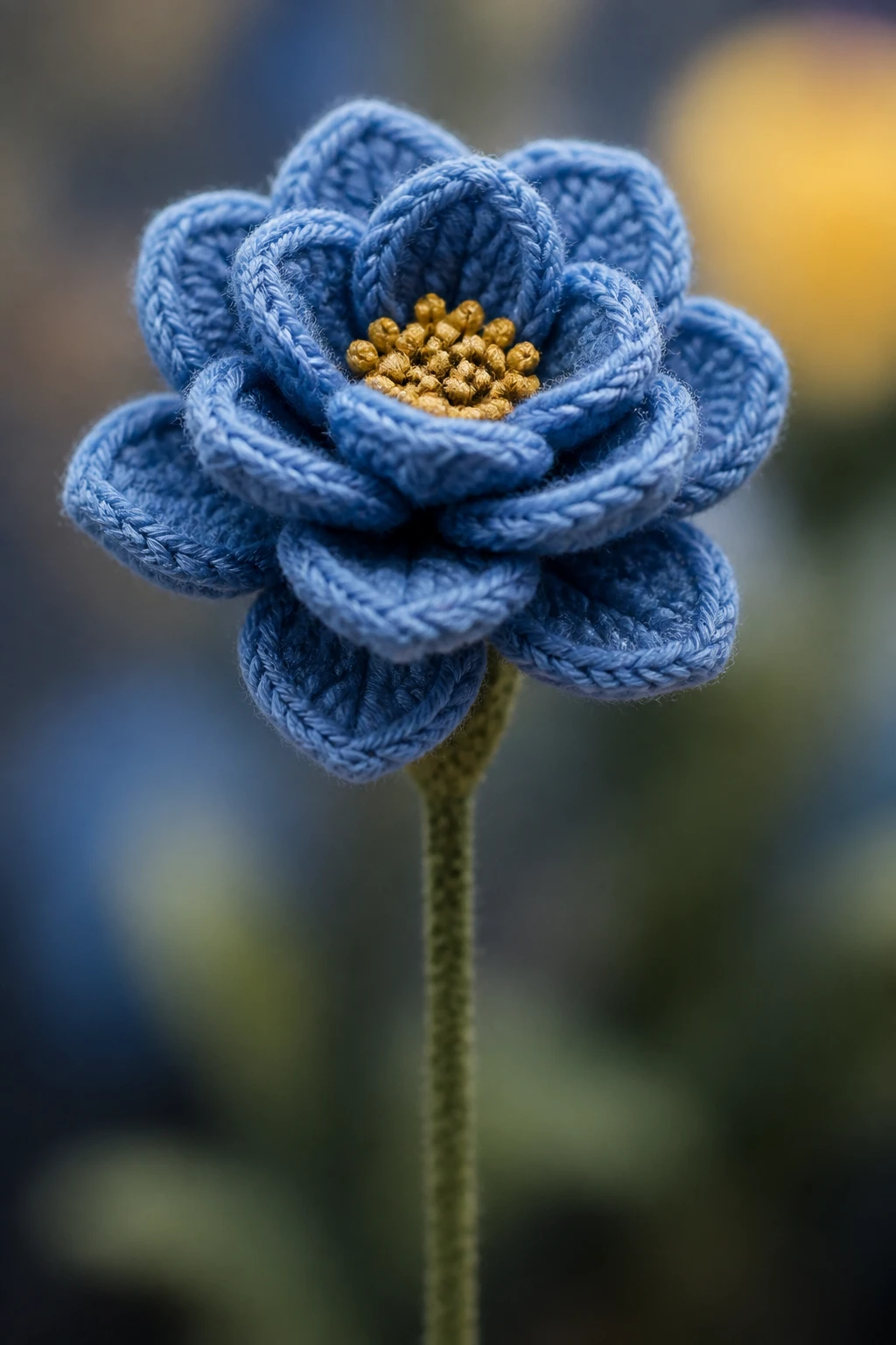 Macro shot of one stiff crochet bloom on a slim stem, against soft focus background