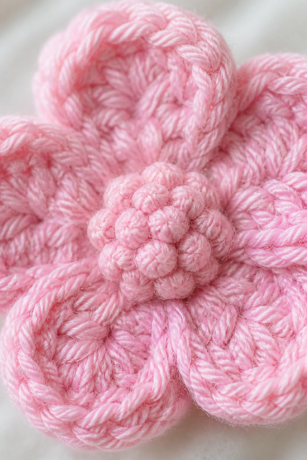 Closeup of a single pastel pink crochet flower with a textured center