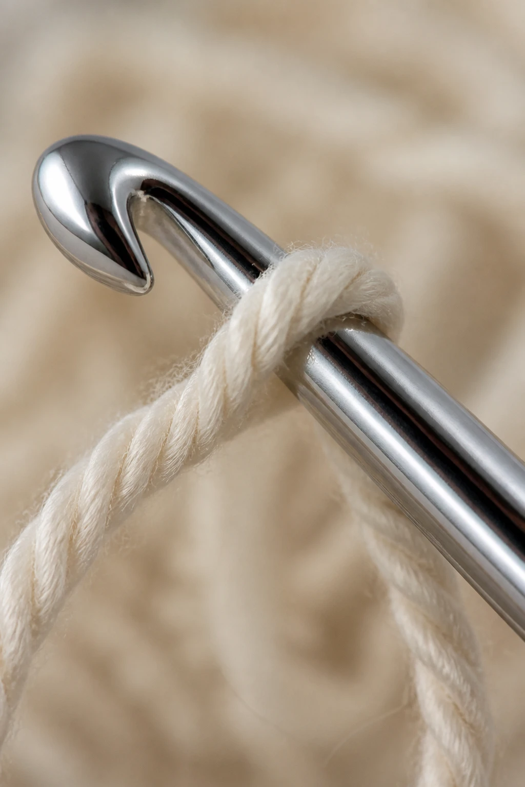 Closeup of an inline crochet hook tip threading yarn
