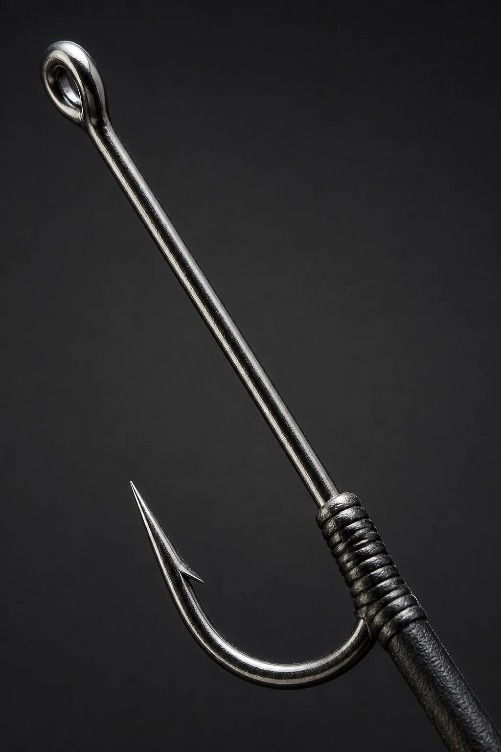 Macro shot of inline hook shaft from head to handle in focus