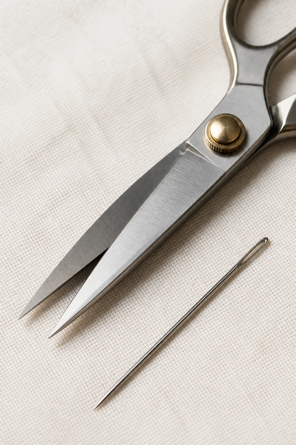 Closeup of a sharp pair of scissors and tapestry needle on clean fabric surface