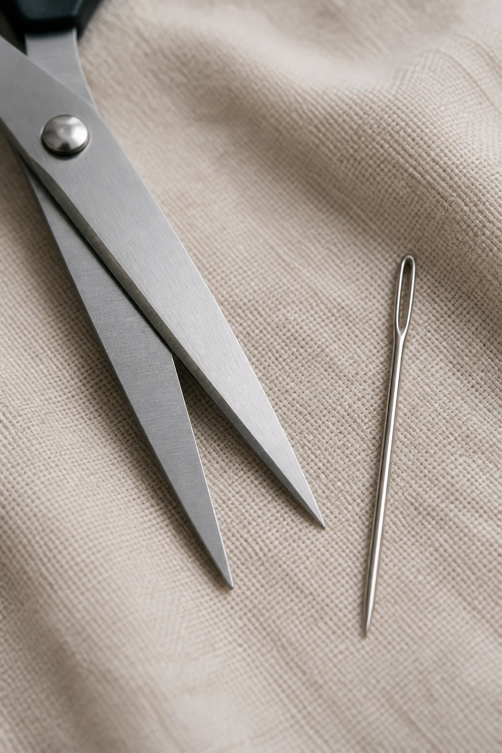 Closeup of a pair of sharp scissors beside a single yarn needle on fabric