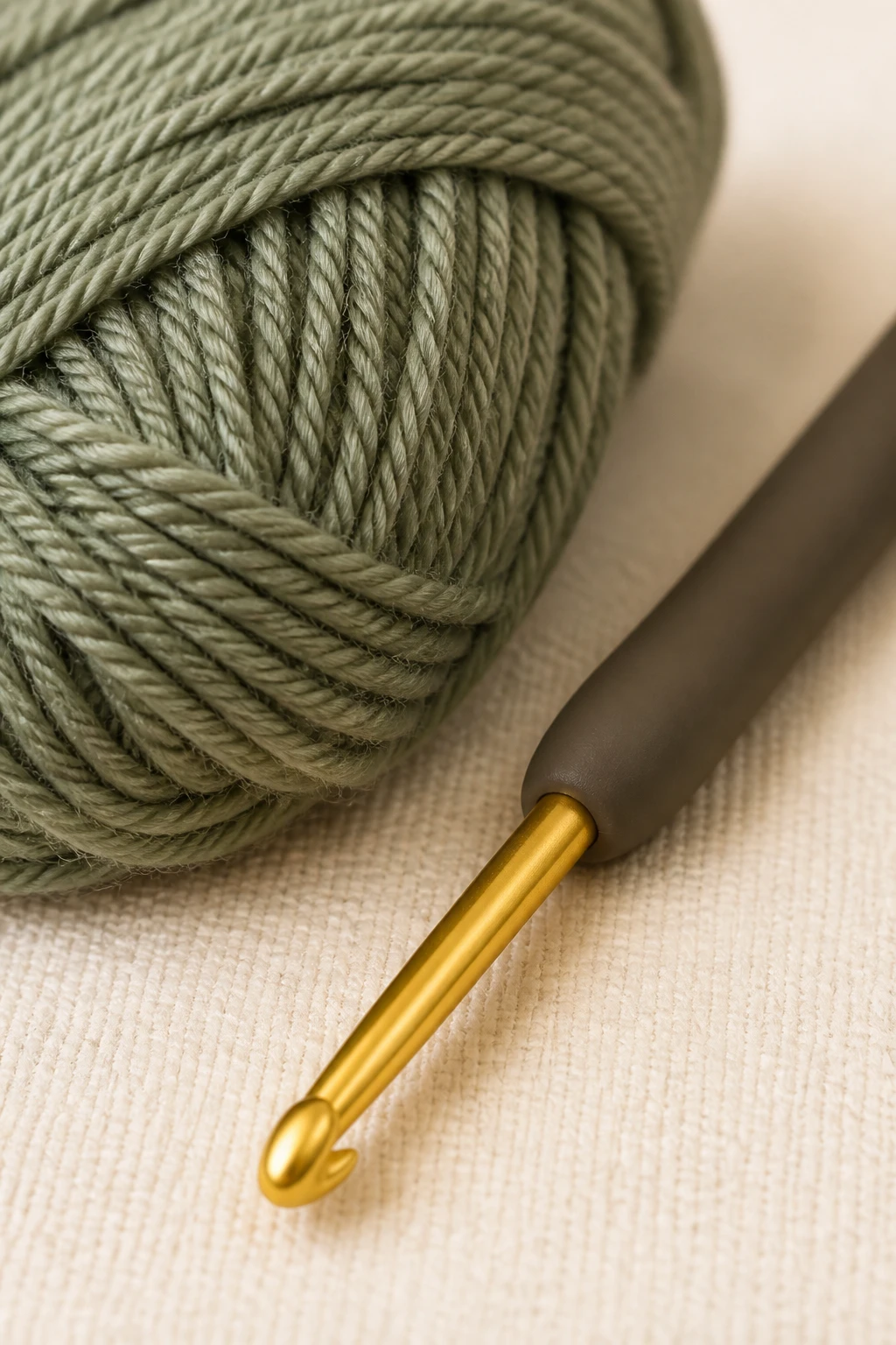 closeup of a G/6 crochet hook resting beside DK yarn