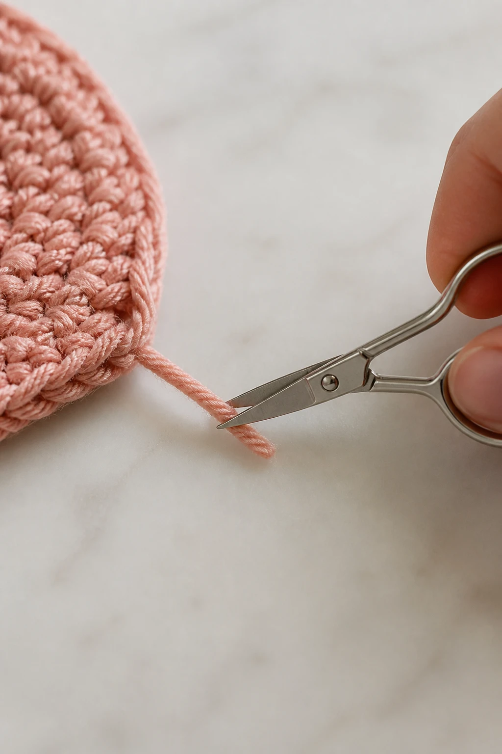 closeup of tiny scissors clipping a yarn tail on a smooth surface