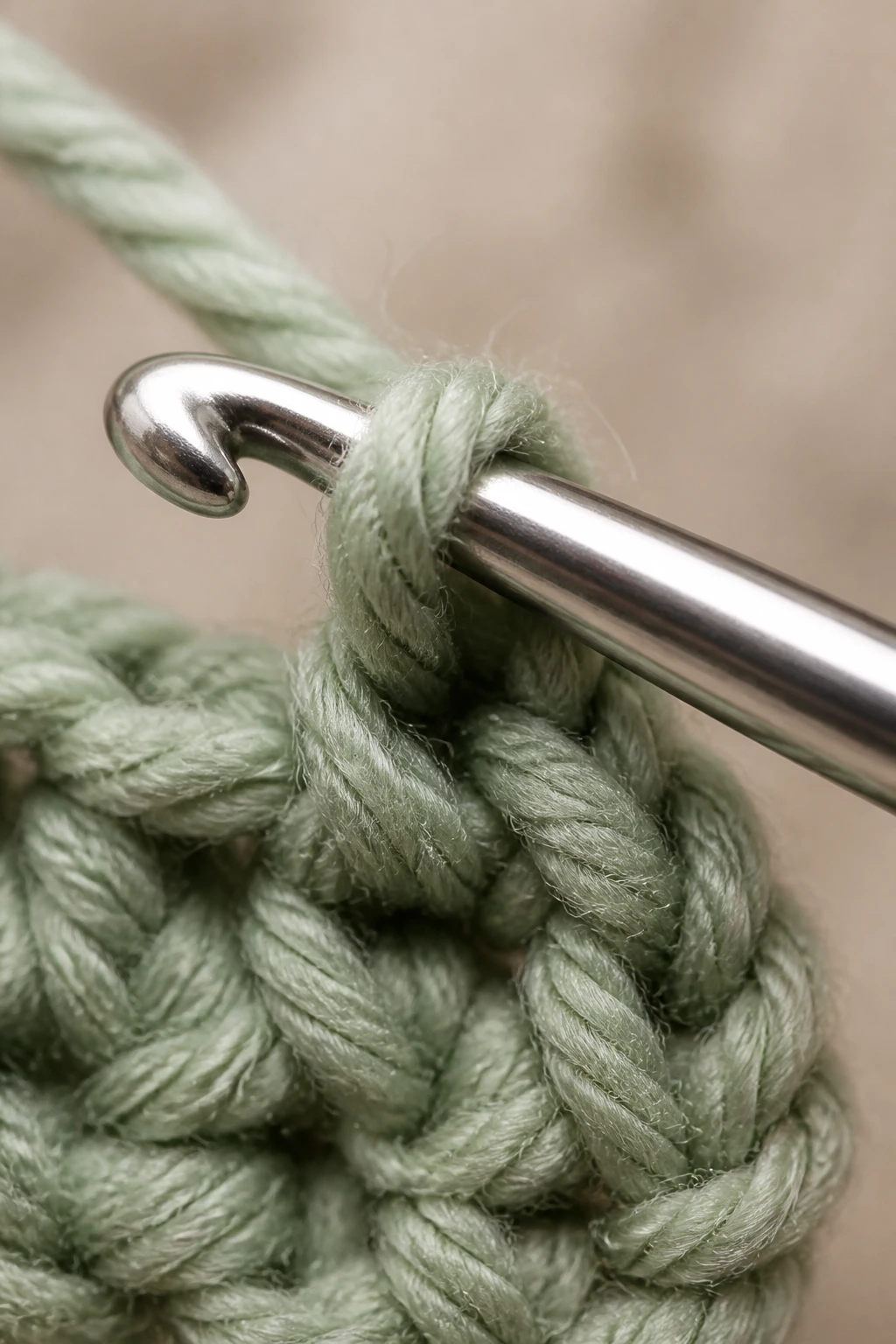 closeup of a single crochet hook slipping through yarn loop