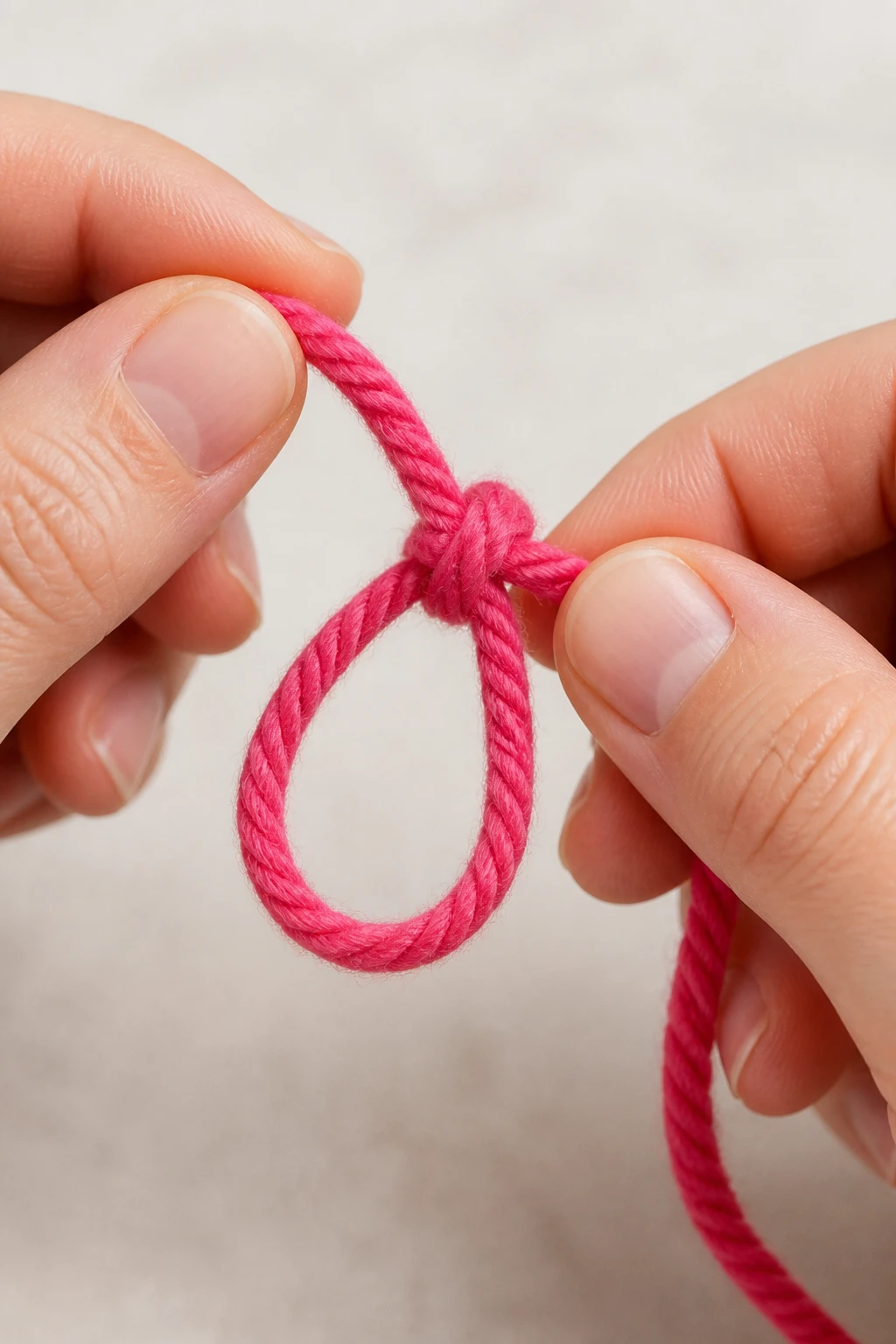 closeup of hands forming a slip knot with bright yarn