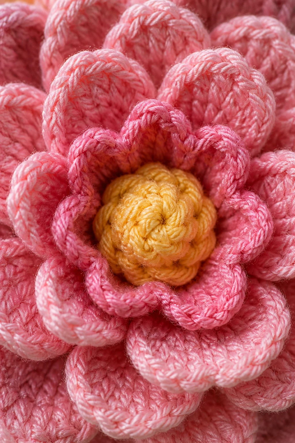 extreme closeup of a single crochet bloom showing layered petals and center