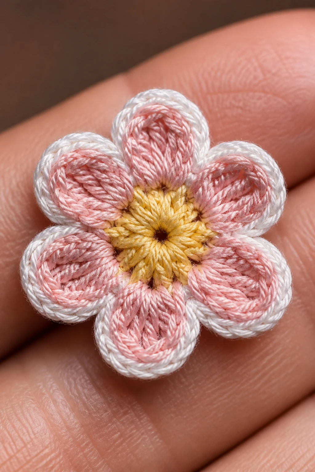 Closeup of a tiny crochet flower with fine cotton yarn, crisp petal detail