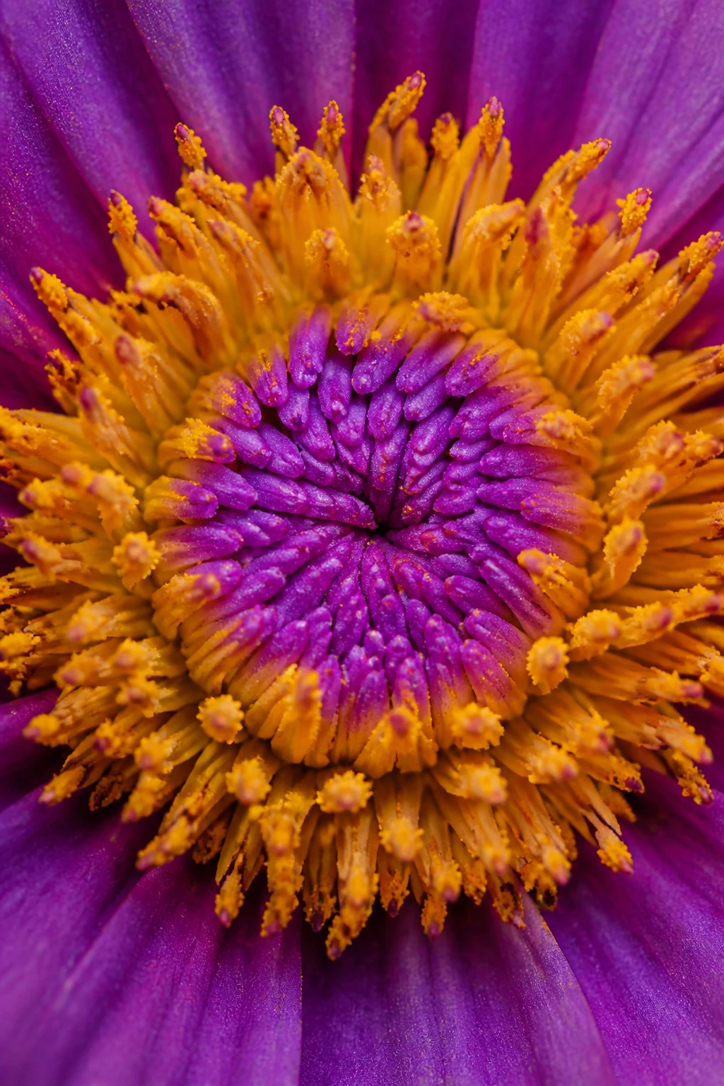 Closeup of a single tiny flower center, focused texture and colorfast hues