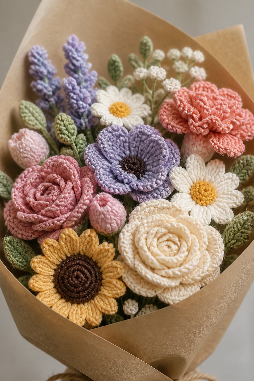 Closeup of a single crochet flower bouquet wrapped in kraft paper