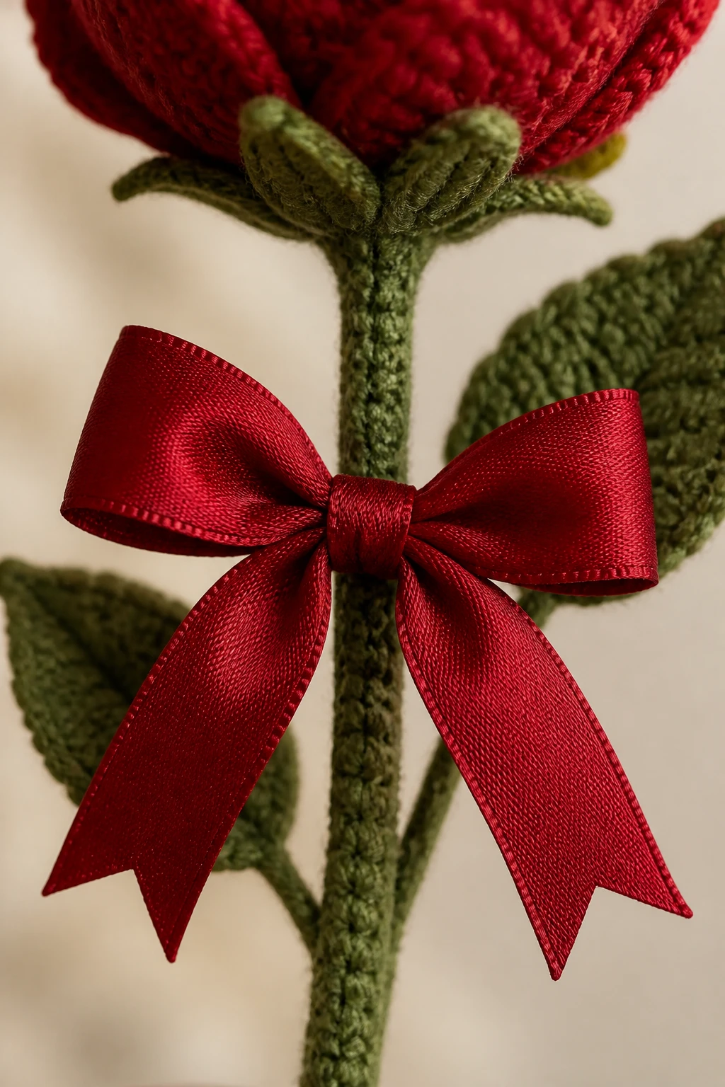 Closeup of a single bow-tied ribbon on a crochet rose stem