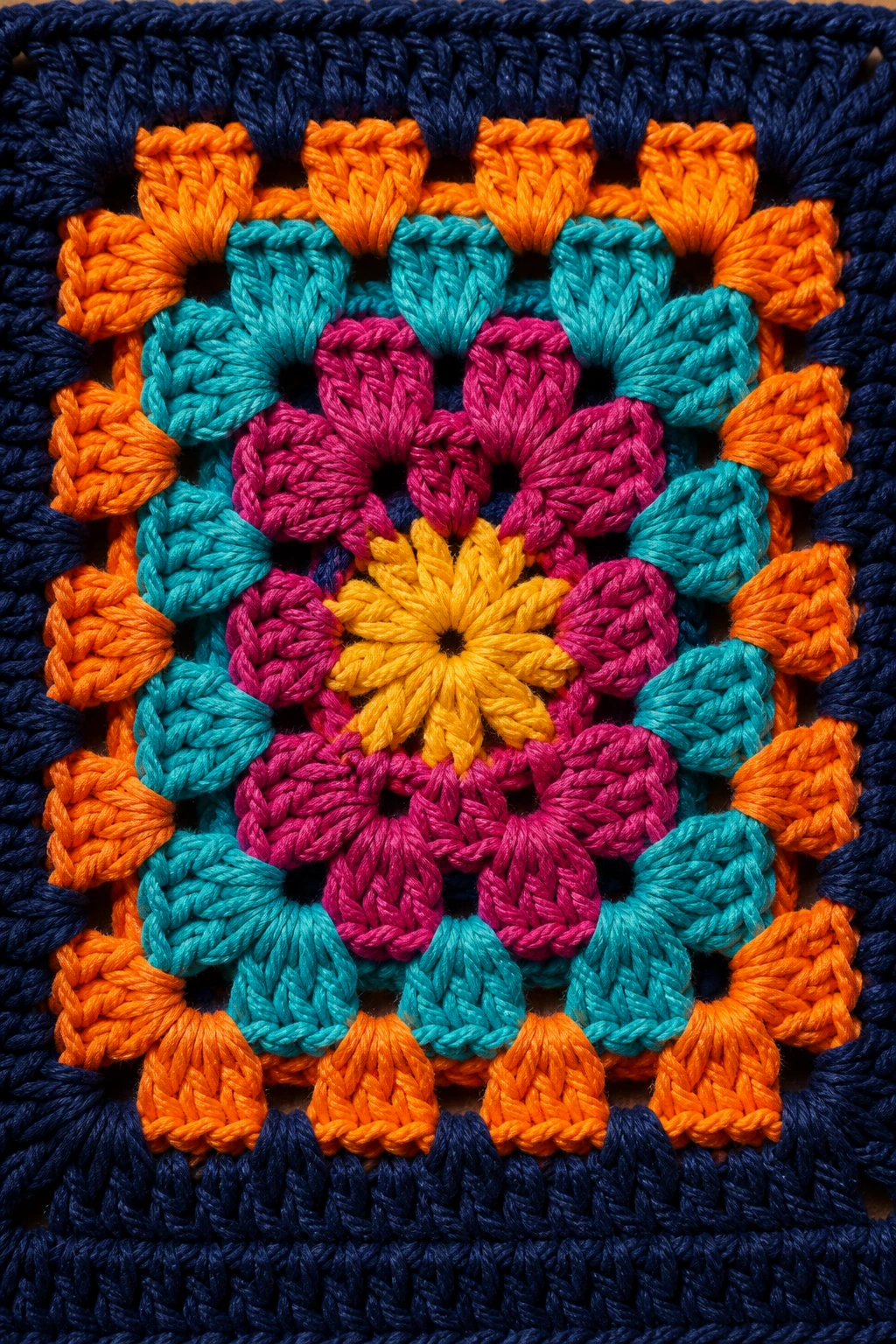 Close-up of a modern granny square crochet piece in bold contrasting colors