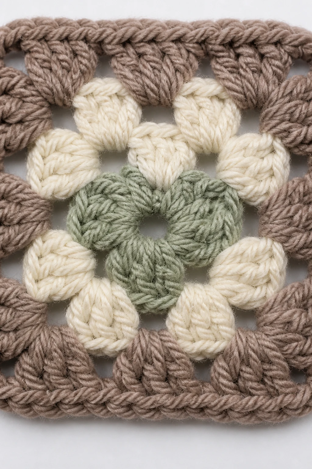 Close-up of textured granny square with negative space and chunky yarn