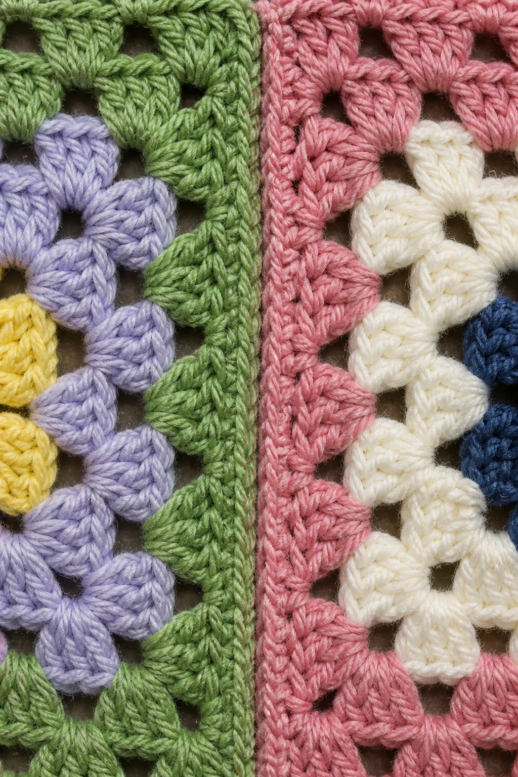 Close-up of a single granny square edge join highlighting color seam contrast